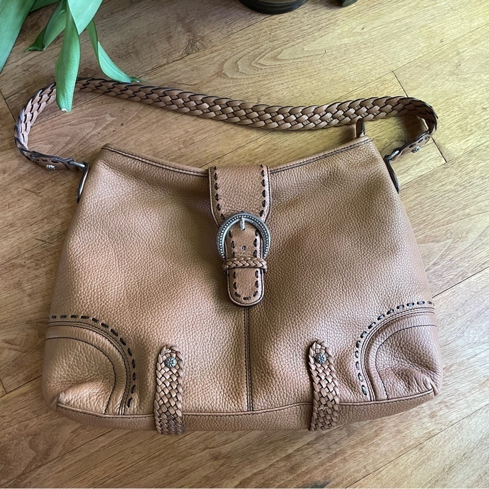 Brighton Tan Pebble Leather Hobo Shoulder Bag with Buckle Detail & Braided Strap